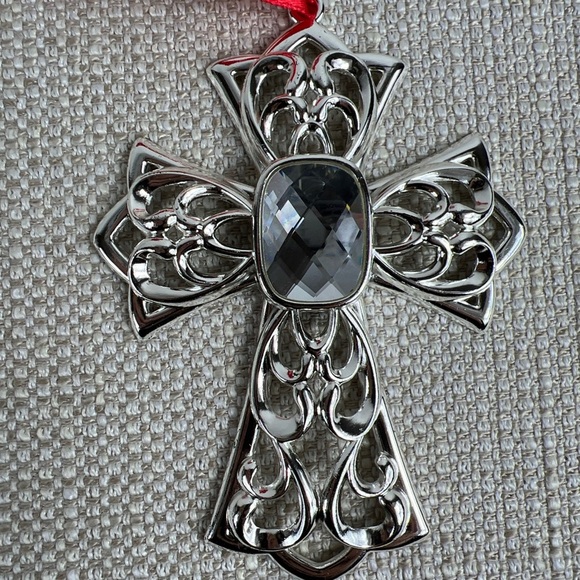 Lenox Bejeweled Ornaments Silverplate Clear Stone Cross Set of 2 New In Box - Picture 4 of 10